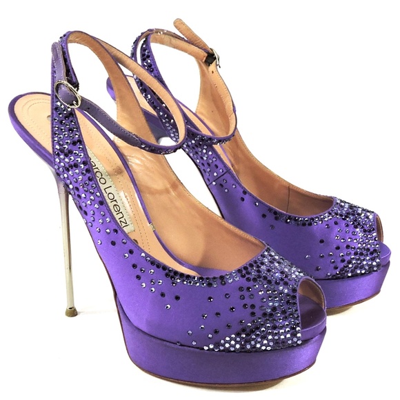 GIANMARCO LORENZI 🇮🇹 WOMEN'S PURPLE SATIN FASHION PLATFORM SANDALS - Picture 3 of 7